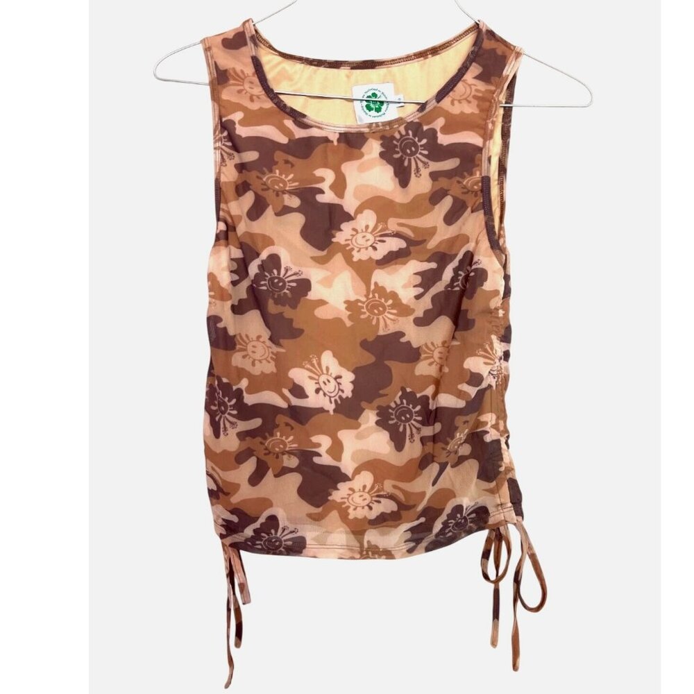 Emma Mulholland On Holiday Mesh Top Camo Butterfly Smiley Face M Cinched Sides